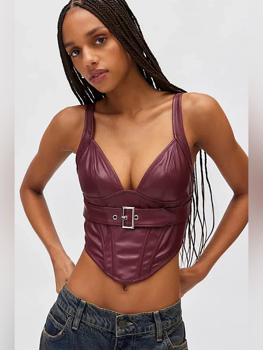 Out From Under Blaze Faux Leather Belted Corset Top Maroon Size S